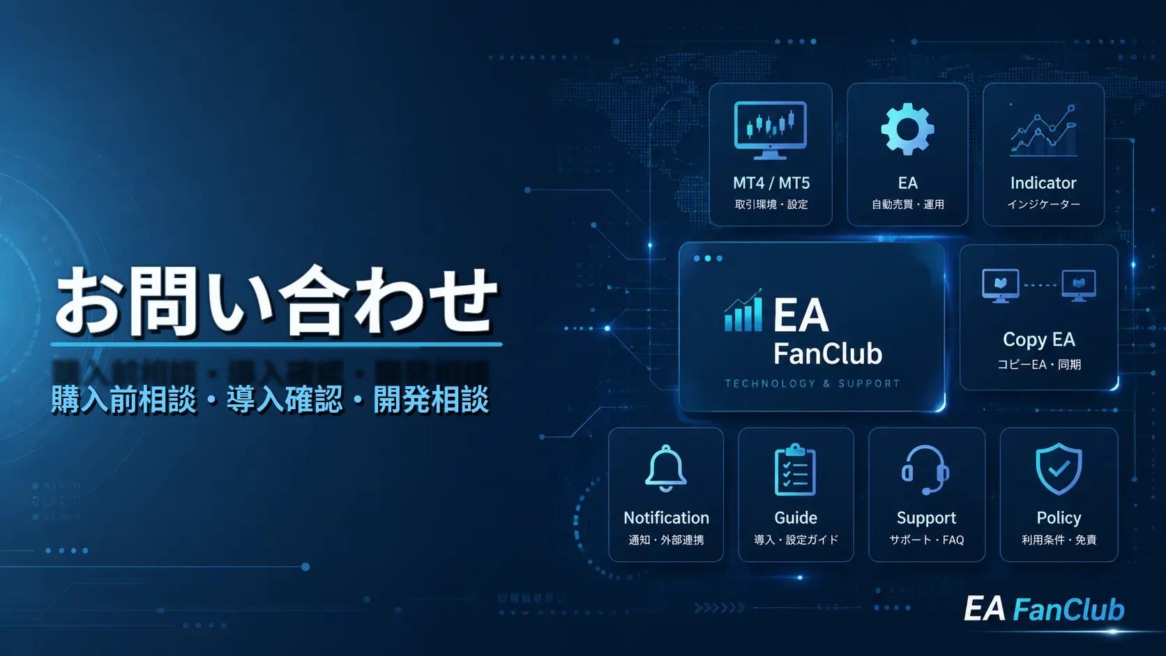 EAファンクラブのお問い合わせページ用サムネイル画像。購入前相談、導入確認、開発相談、不具合報告、サポート依頼の入口を表した画像。