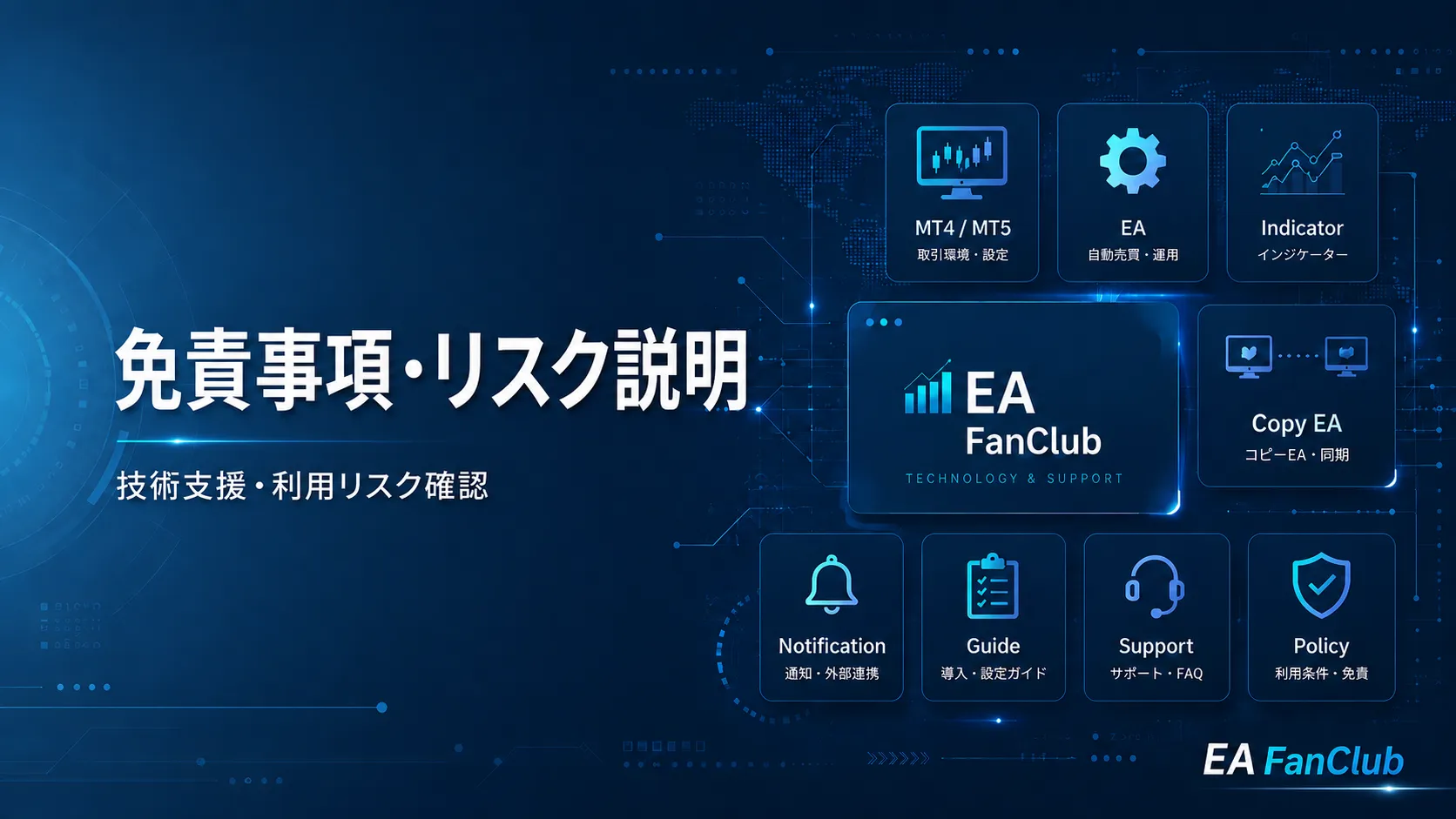 EAファンクラブの免責事項・リスク説明ページ用サムネイル画像。MT4/MT5向け商品や補助ツールの技術支援、利用リスク、外部環境差、免責事項を表した画像。