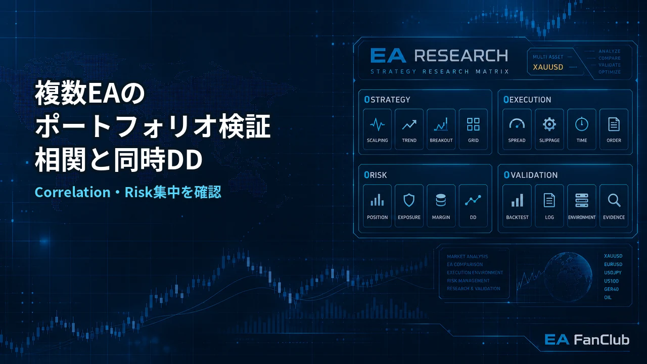 複数EAのポートフォリオ検証を解説する記事のアイキャッチ画像。EA間の相関、同時ドローダウン、リスク集中をResearch Matrix背景で表現しています。