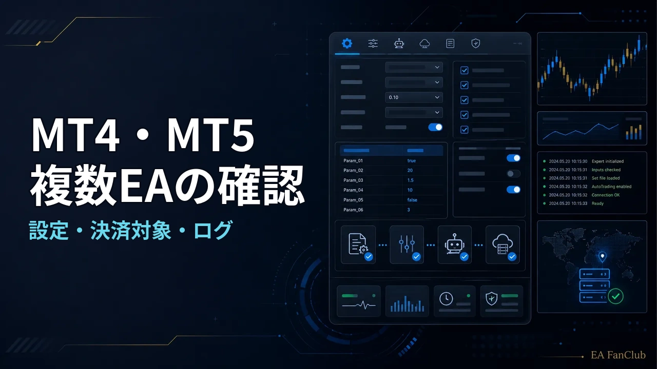 MT4・MT5の複数EAの設定・決済対象・ログ確認を表すアイキャッチ。EA設定パネルと確認用チャートを背景に配置しています。