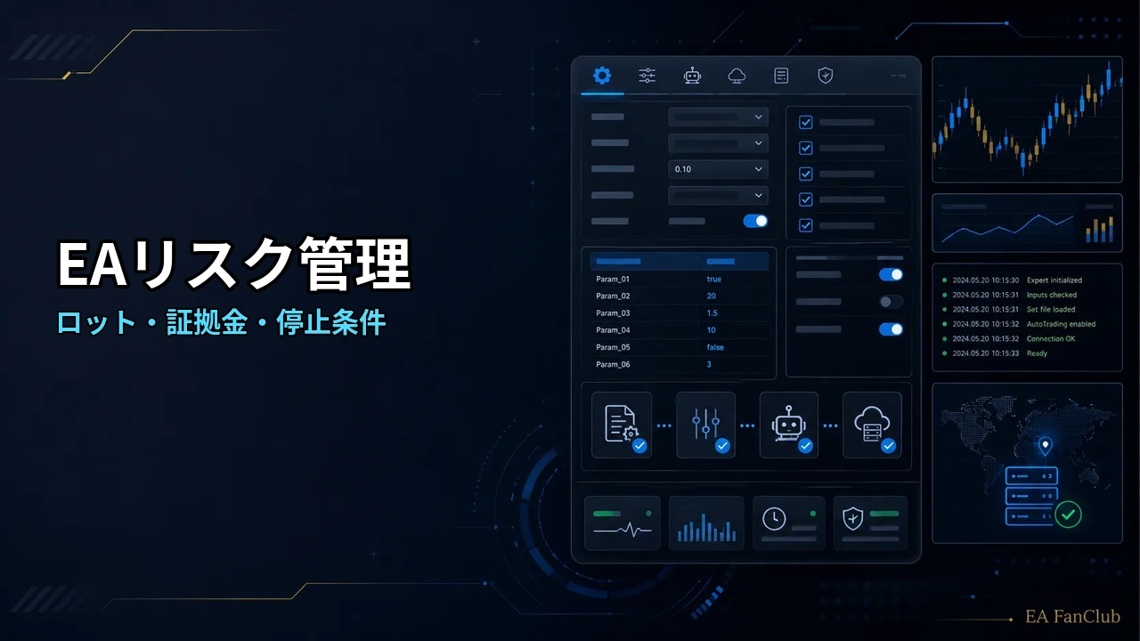 EA運用のロット・証拠金・停止条件などリスク管理を確認する記事のアイキャッチ画像。