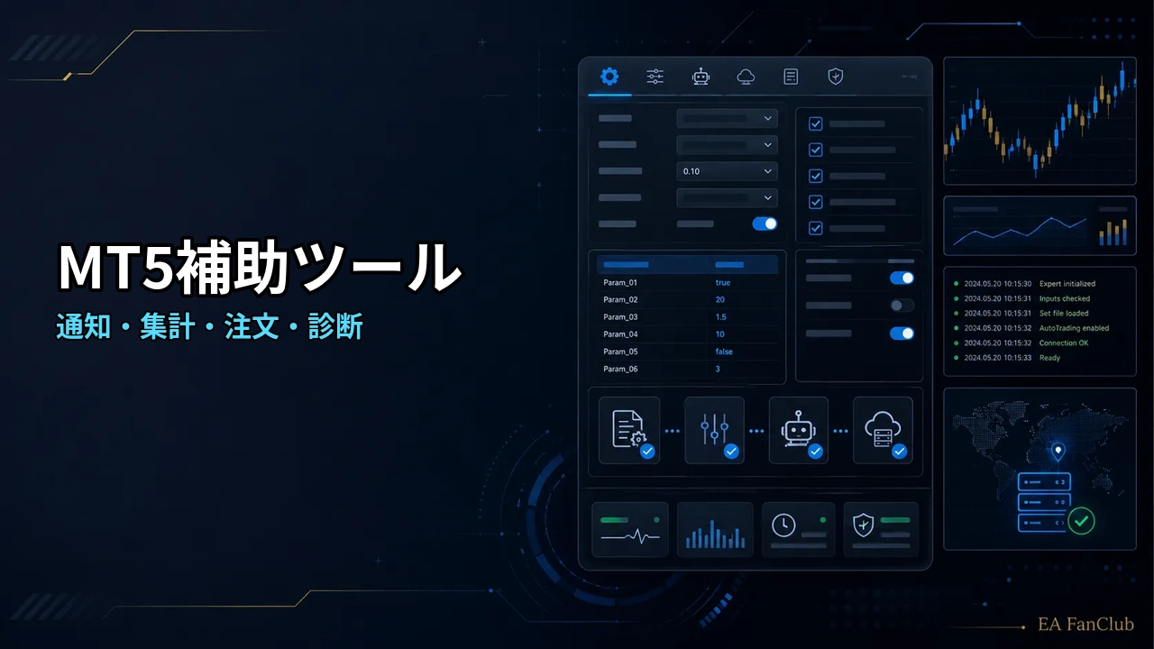 MT5補助ツールの通知・集計・注文・診断機能を整理する記事のアイキャッチ画像。