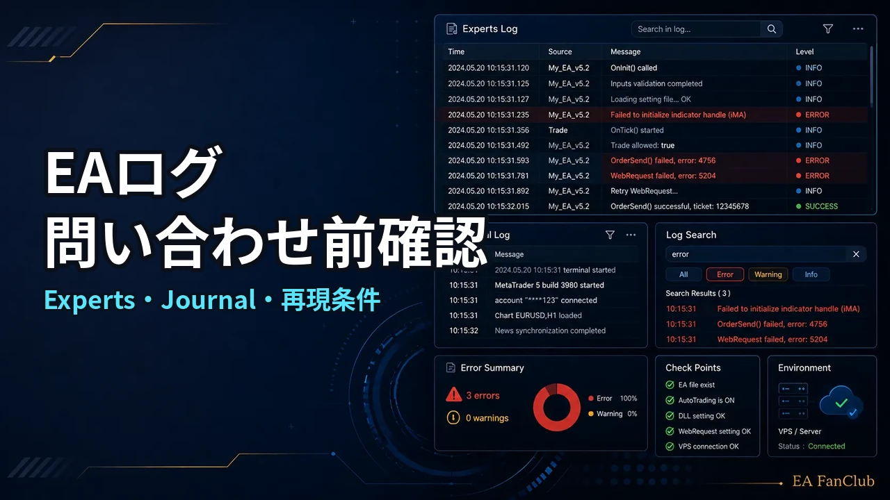 EAの問い合わせ前にExperts・Journalログと再現条件を整理する記事のアイキャッチ画像。