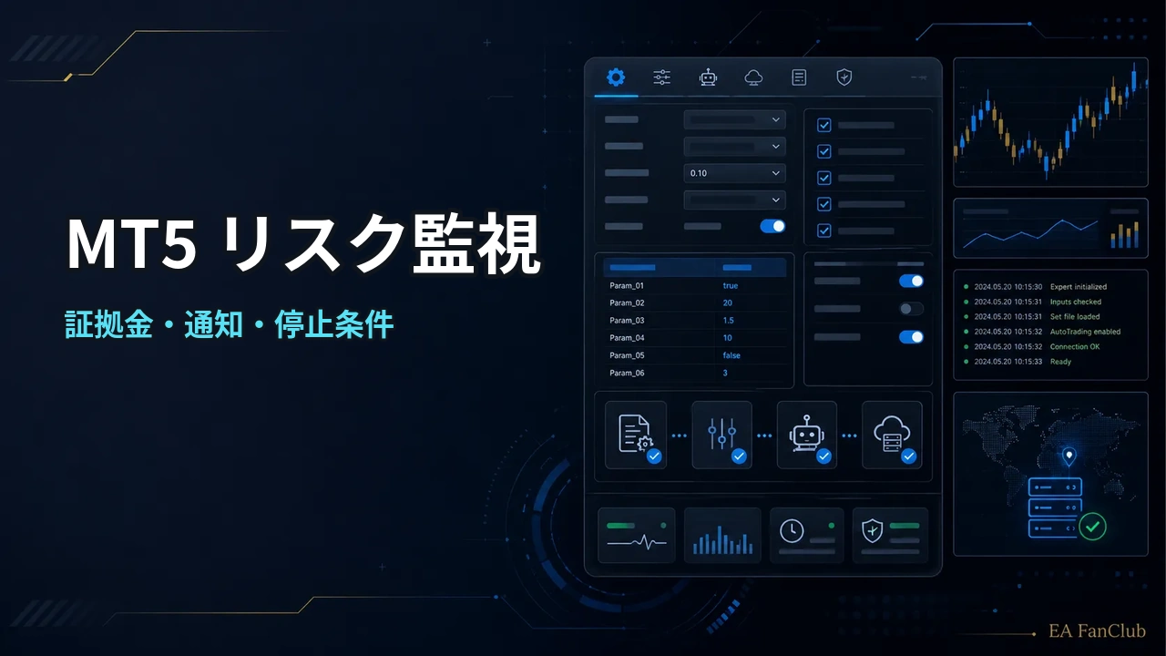 MT5でリスク監視ツールを使う前に確認することの内容を表す、証拠金・通知・停止条件の確認用アイキャッチ画像