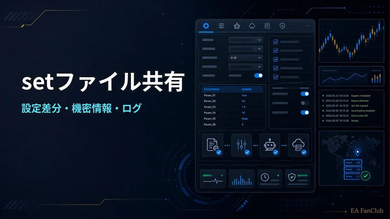 MT5でEAのsetファイルを送る前に確認することの内容を表す、設定差分・機密情報・ログの確認用アイキャッチ画像