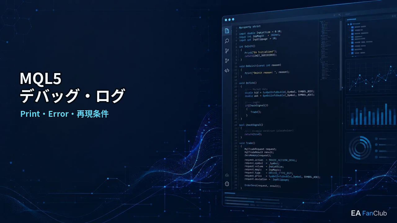 MQL5デバッグ・ログファースト開発完全ガイド｜Print・Expertsログ・再現条件の整理の内容を表す、Print・Error・再現条件の確認用アイキャッチ画像