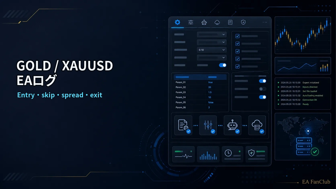 GOLD / XAUUSD対応EAのログ確認ガイド｜エントリー・見送り・スプレッド・決済理由を見るの内容を表す、Entry・skip・spread・exitの確認用アイキャッチ画像