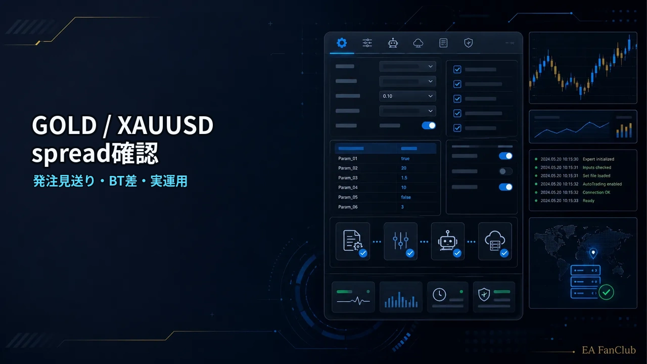 GOLD / XAUUSD対応EAのスプレッド確認ガイド｜発注見送り・バックテスト差・実運用前チェックの内容を表す、発注見送り・BT差・実運用の確認用アイキャッチ画像